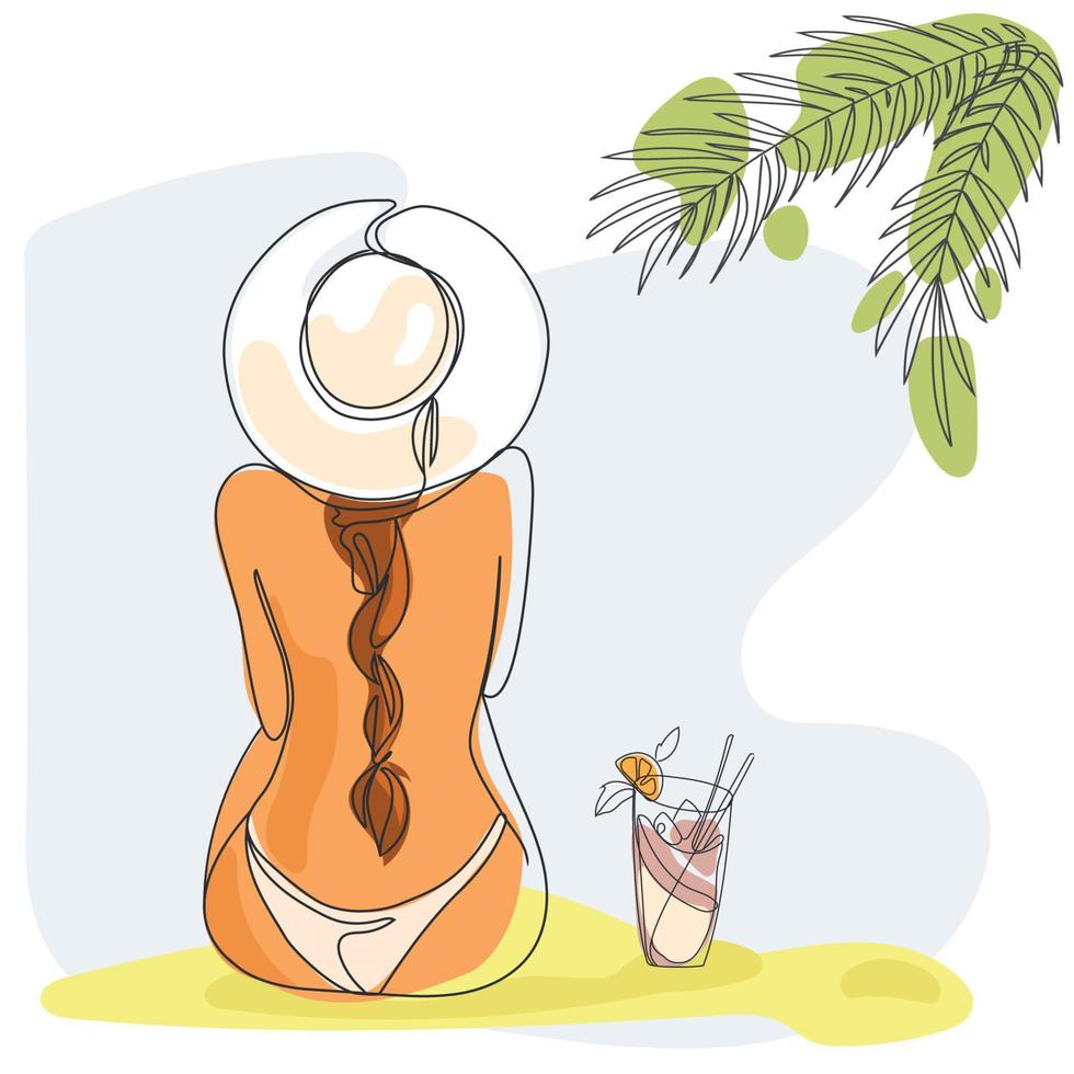 mujer con sombrero y traje de baño relajándose en la playa con un cóctel. ilustración de arte de línea vectorial. vacaciones de verano, descanso y relajación. ocio en una playa. vector