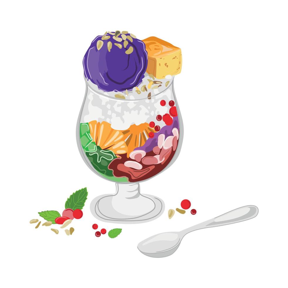 halo halo o hielo raspado tradicional, leche con varias frutas y frijoles dulces.postre tradicional filipino halo halo vector ilustración aislada sobre fondo blanco.comida dulce