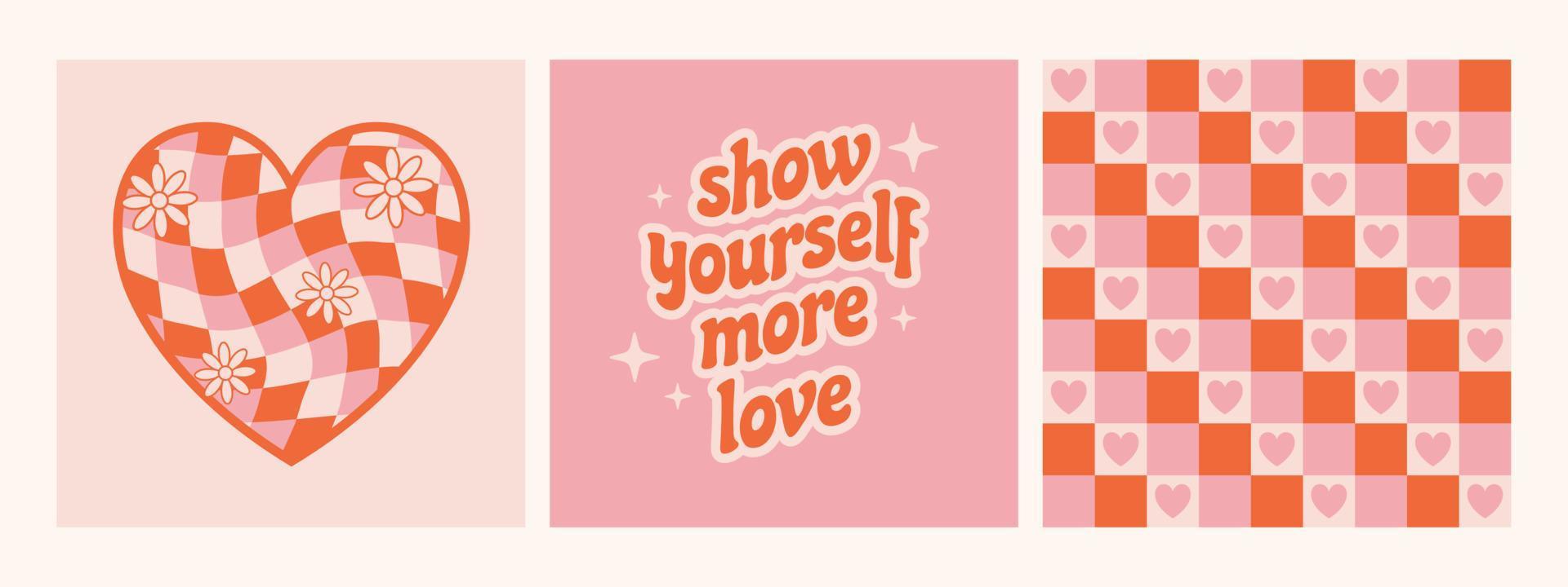 Set of retro colorful 70's poster collection with checkered background. Show yourself more love slogan. vector