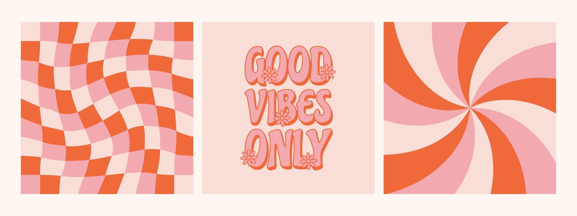 Retro colorful 70's poster collection for t-shirt print design and cards. Good vibes only slogan. vector