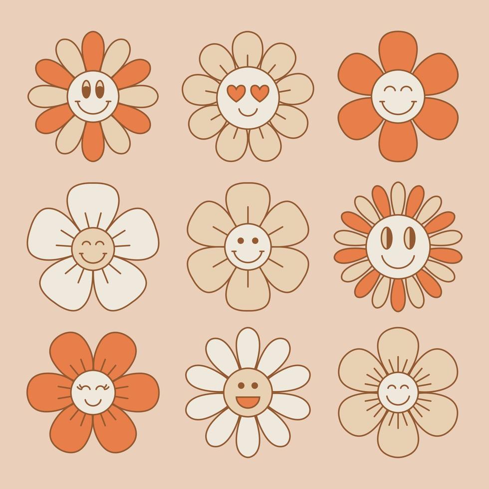 Cute and smiling flower collection in retro 70s style. Vintage floral patches. vector