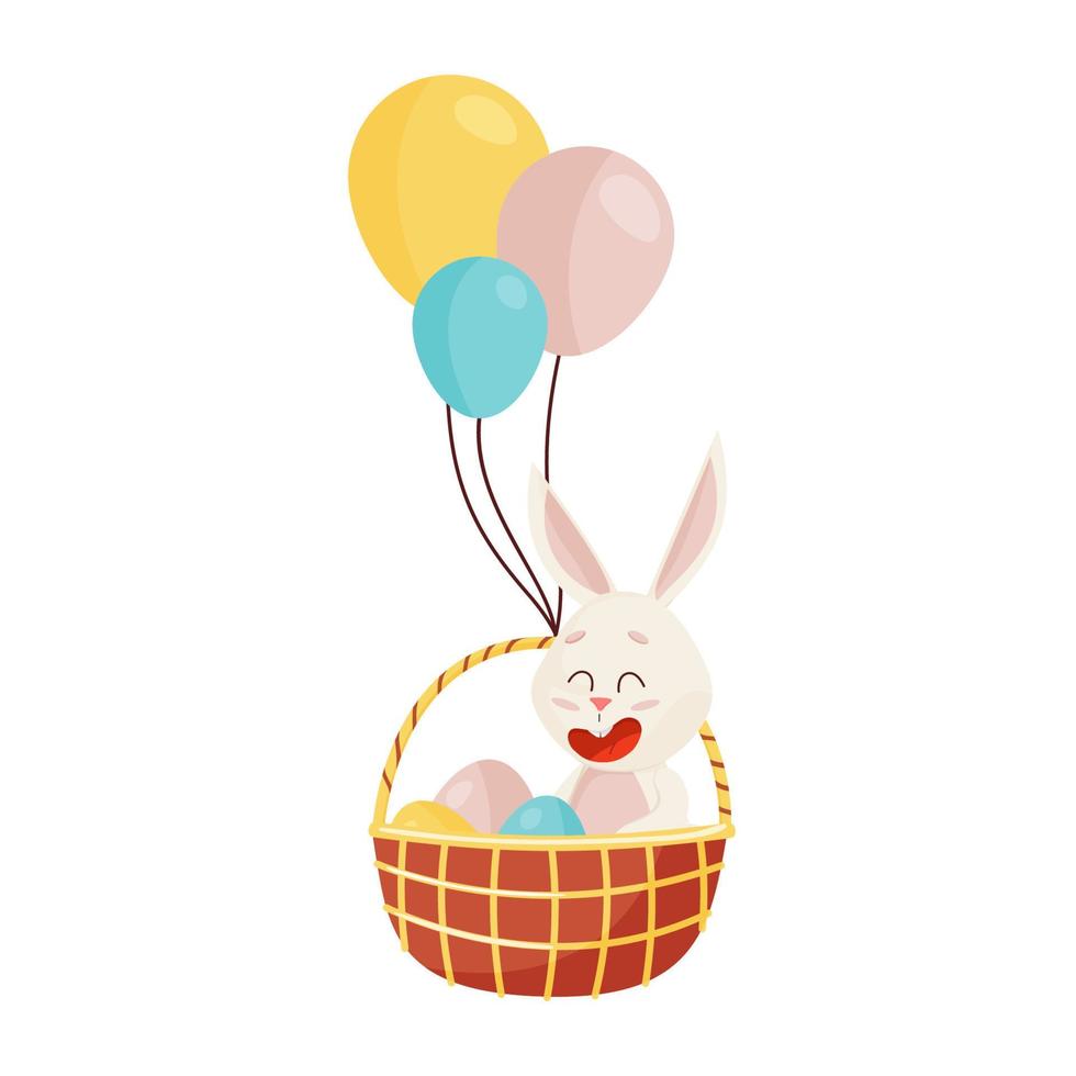 laughing Rabbit Sitting into Basket with Eggs and Balloons vector