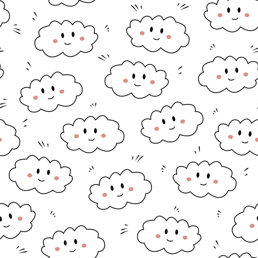 Seamless pattern with cute hand drawn clouds doodle style, vector illustration on white background. Black outline, nice wrapping and packaging decorative design