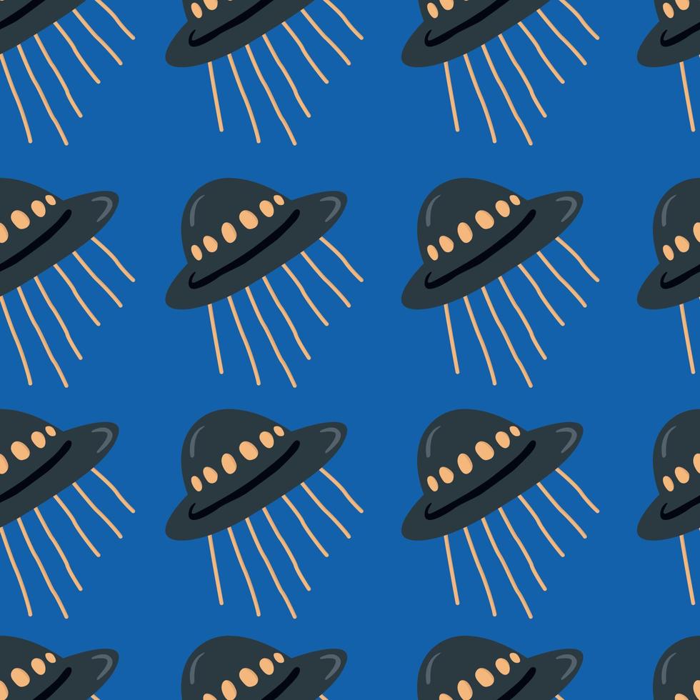 Seamless pattern with hand drawn flying saucers flat style, vector illustration on blue background. Endless ornament for wrapping and packaging, decorative design