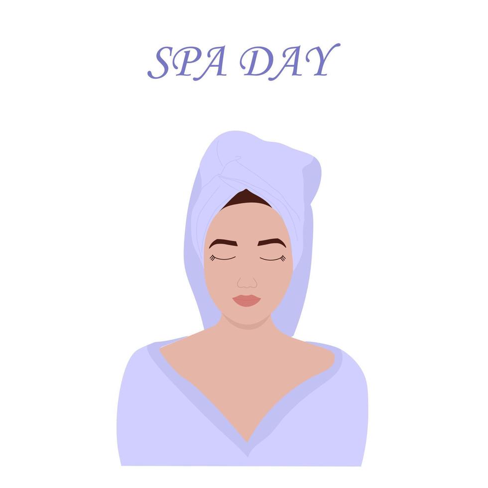 A girl in a bathrobe and a towel on her hair. A day of self-care, self-love. Spa day vector