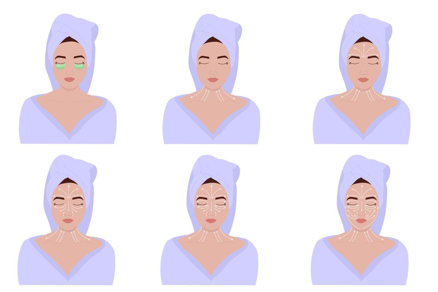 Gua Sha massage. Massage lines on the face, instructions on how to do facial massage vector
