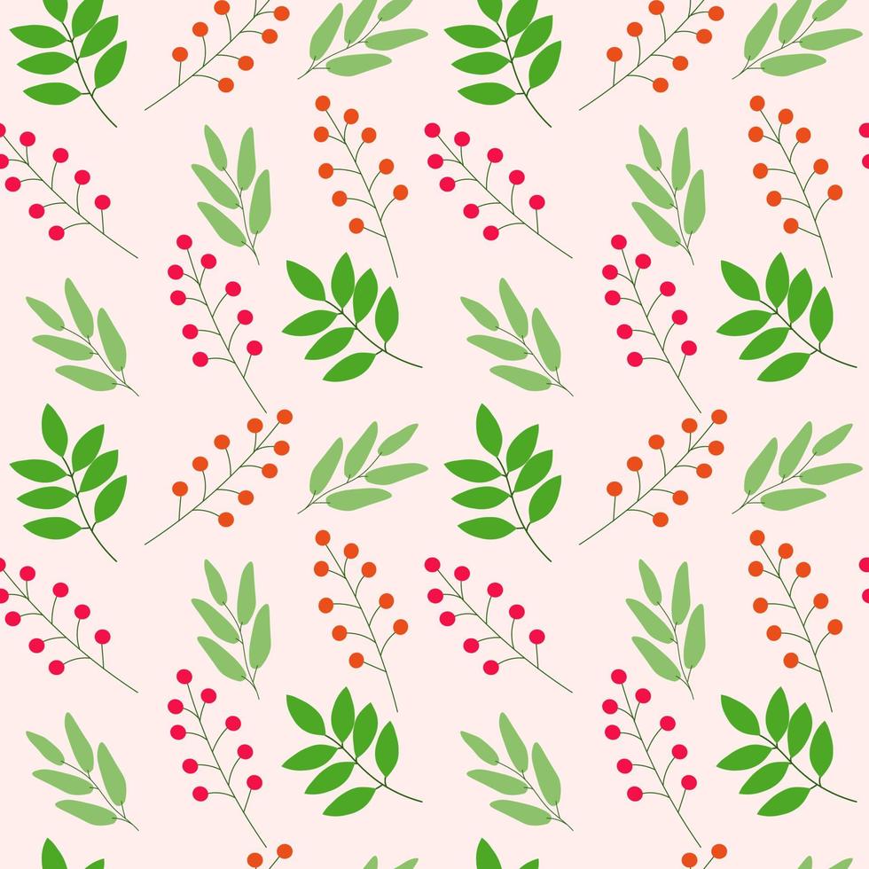 Seamless pattern with red cranberries and leaves on a pastel background. vector