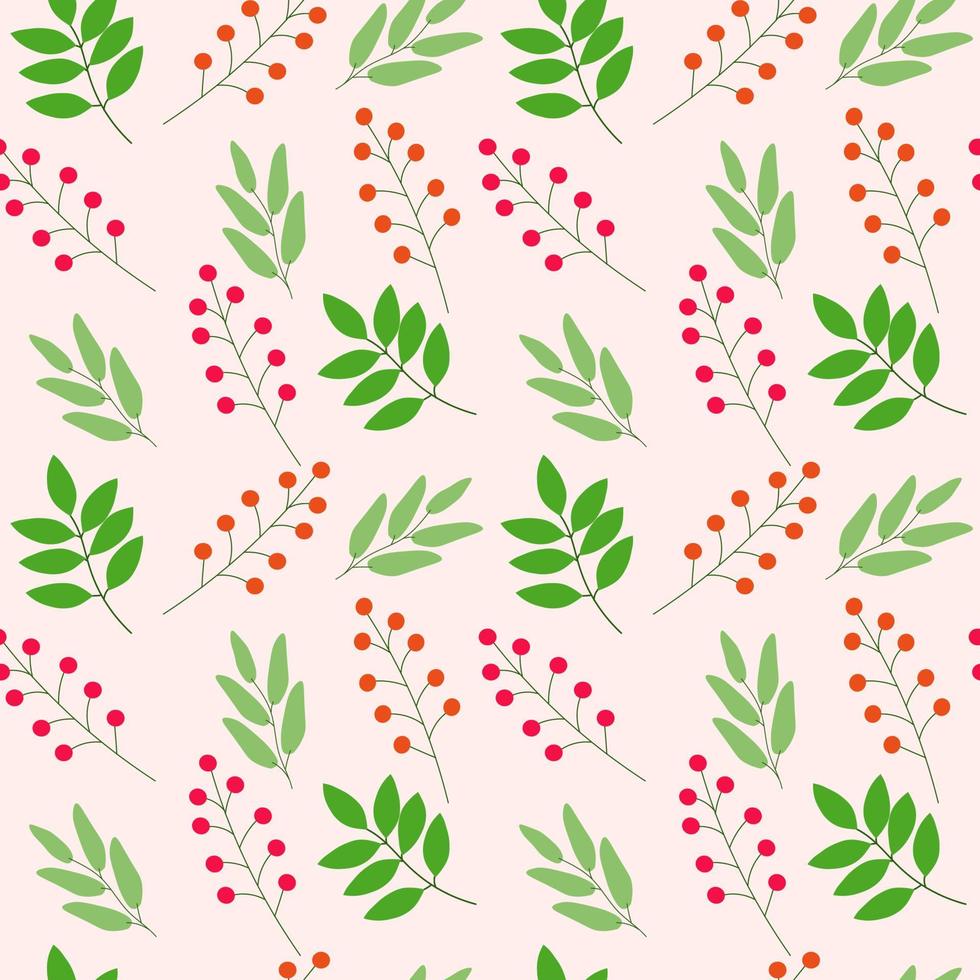 Seamless pattern with red cranberries and leaves on a pastel background. vector