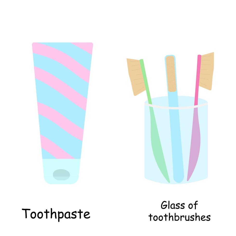 vidrio de ilustración de elementos de baño con mejillas de dientes y pasta de dientes. cuarto de baño Vectores