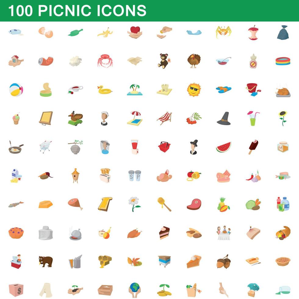 100 picnic icons set, cartoon style vector