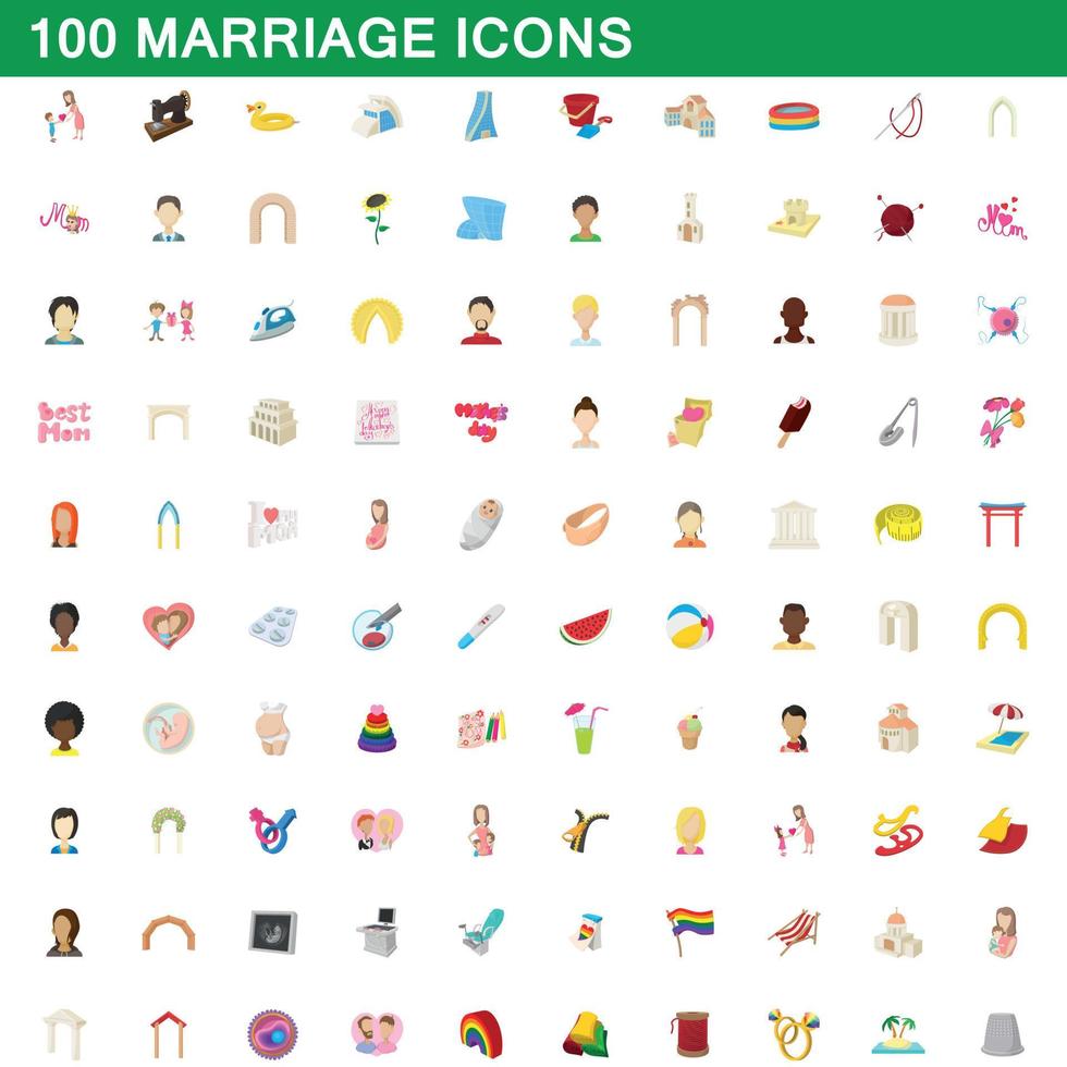 100 marriage icons set, cartoon style vector