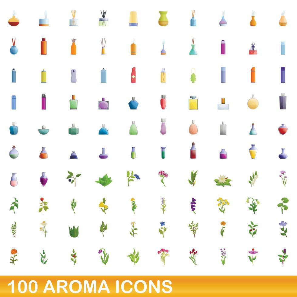 100 aroma icons set, cartoon style vector