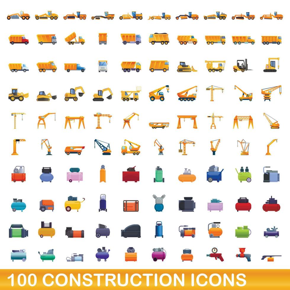 100 construction icons set, cartoon style vector