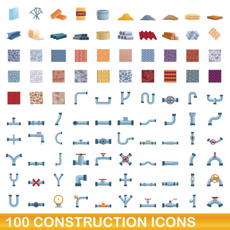 100 iconos de construcción, estilo de dibujos animados vector