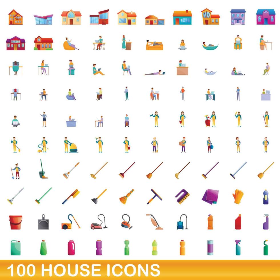 100 house icons set, cartoon style vector