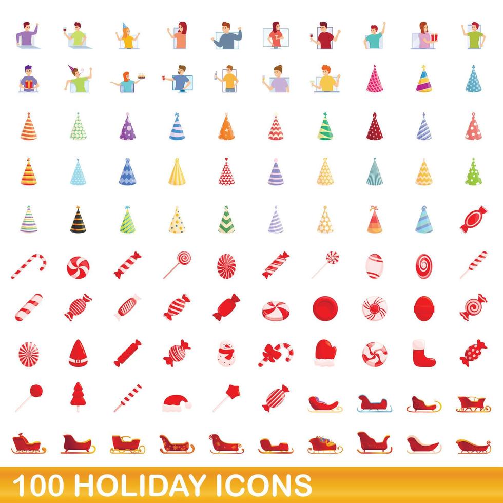 100 holiday icons set, cartoon style vector