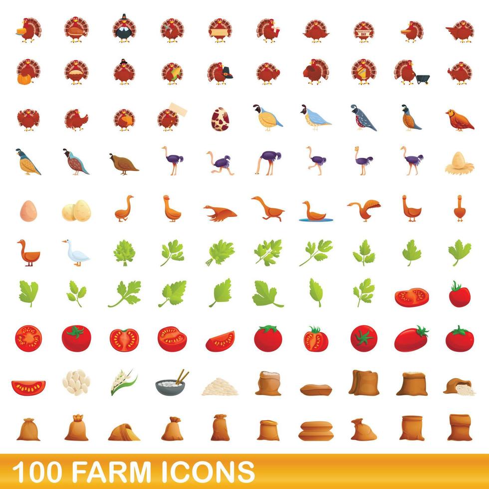 100 farm icons set, cartoon style vector