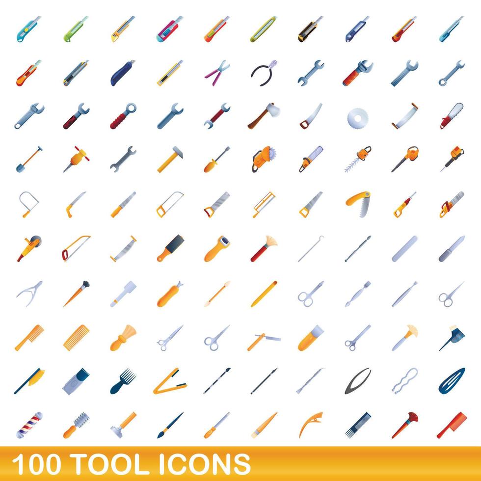 100 tool icons set, cartoon style vector