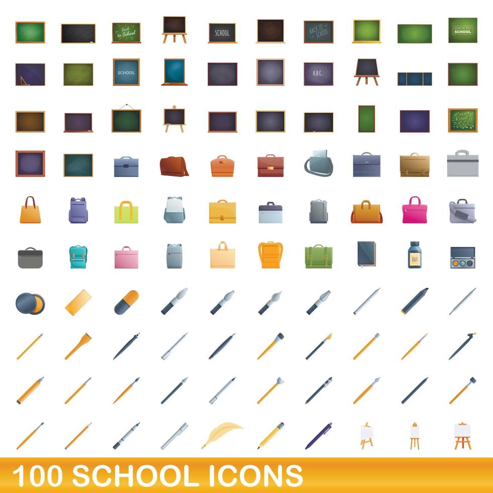 100 school icons set, cartoon style vector