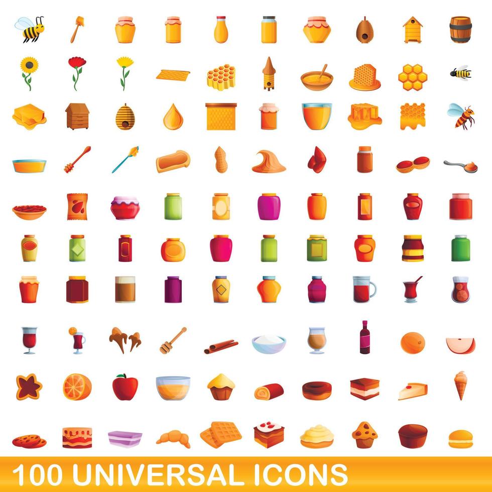 100 iconos universales, estilo de dibujos animados vector