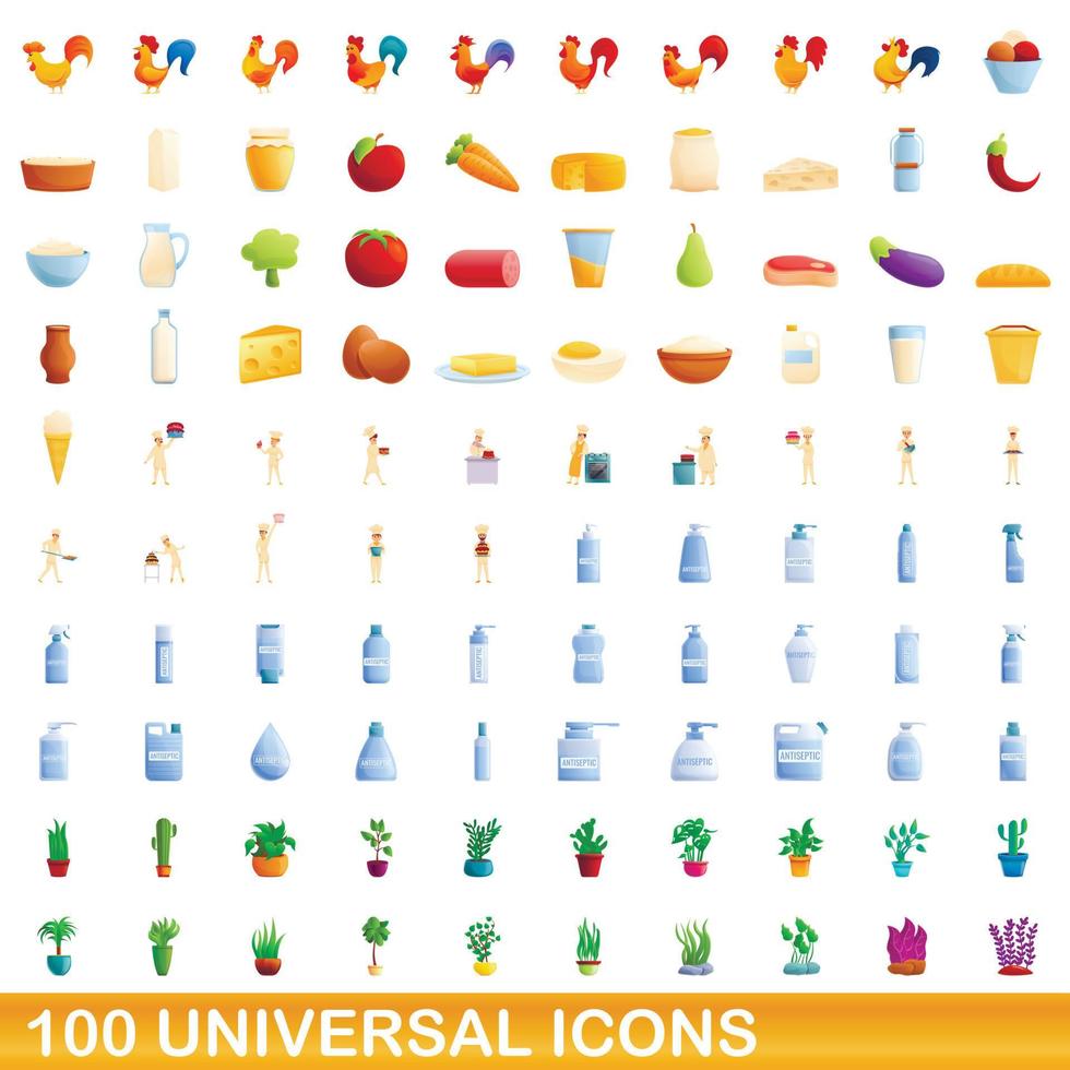 100 universal icons set, cartoon style vector