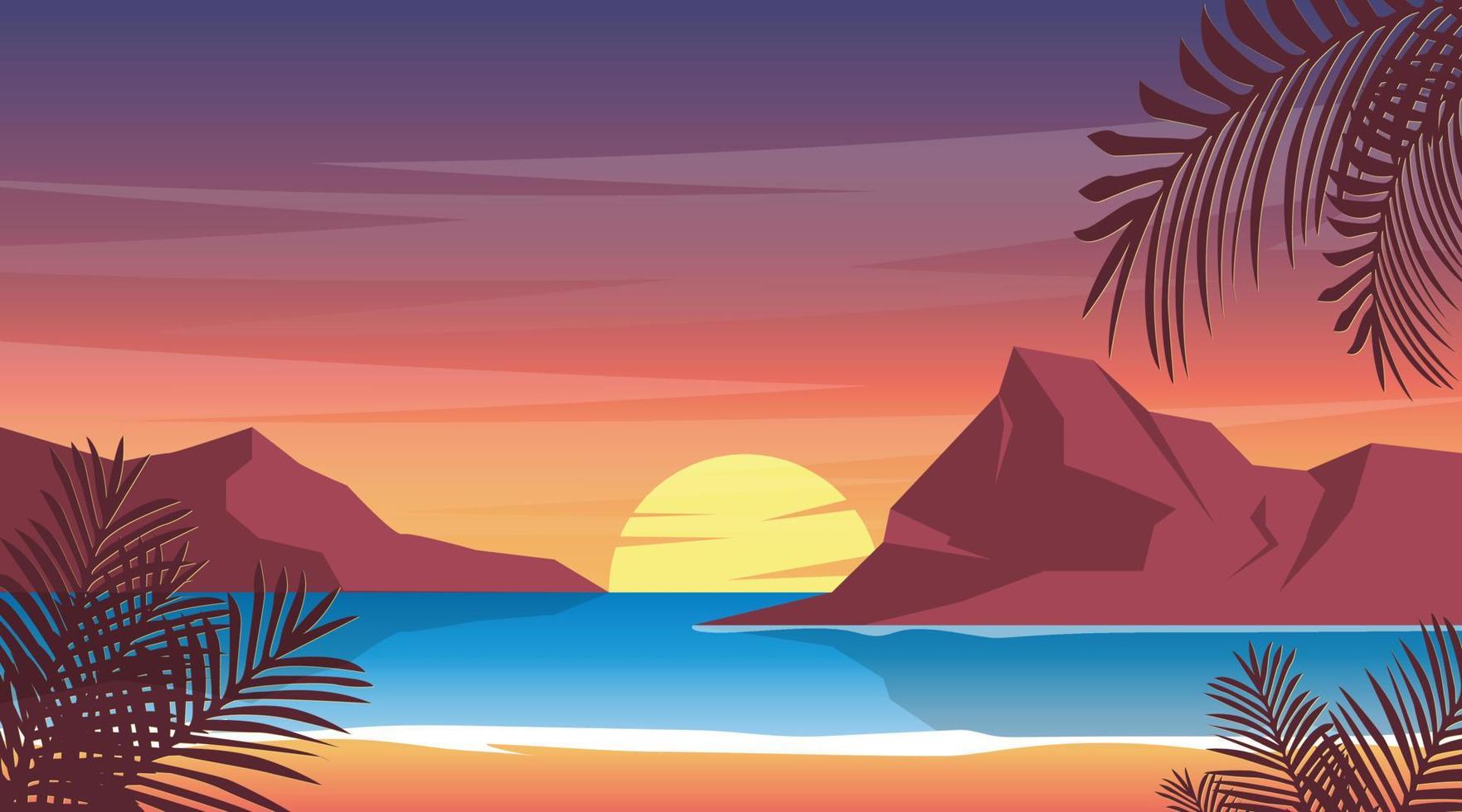 puesta de sol en la ilustración de la playa, fondo de pantalla de verano de la naturaleza vector