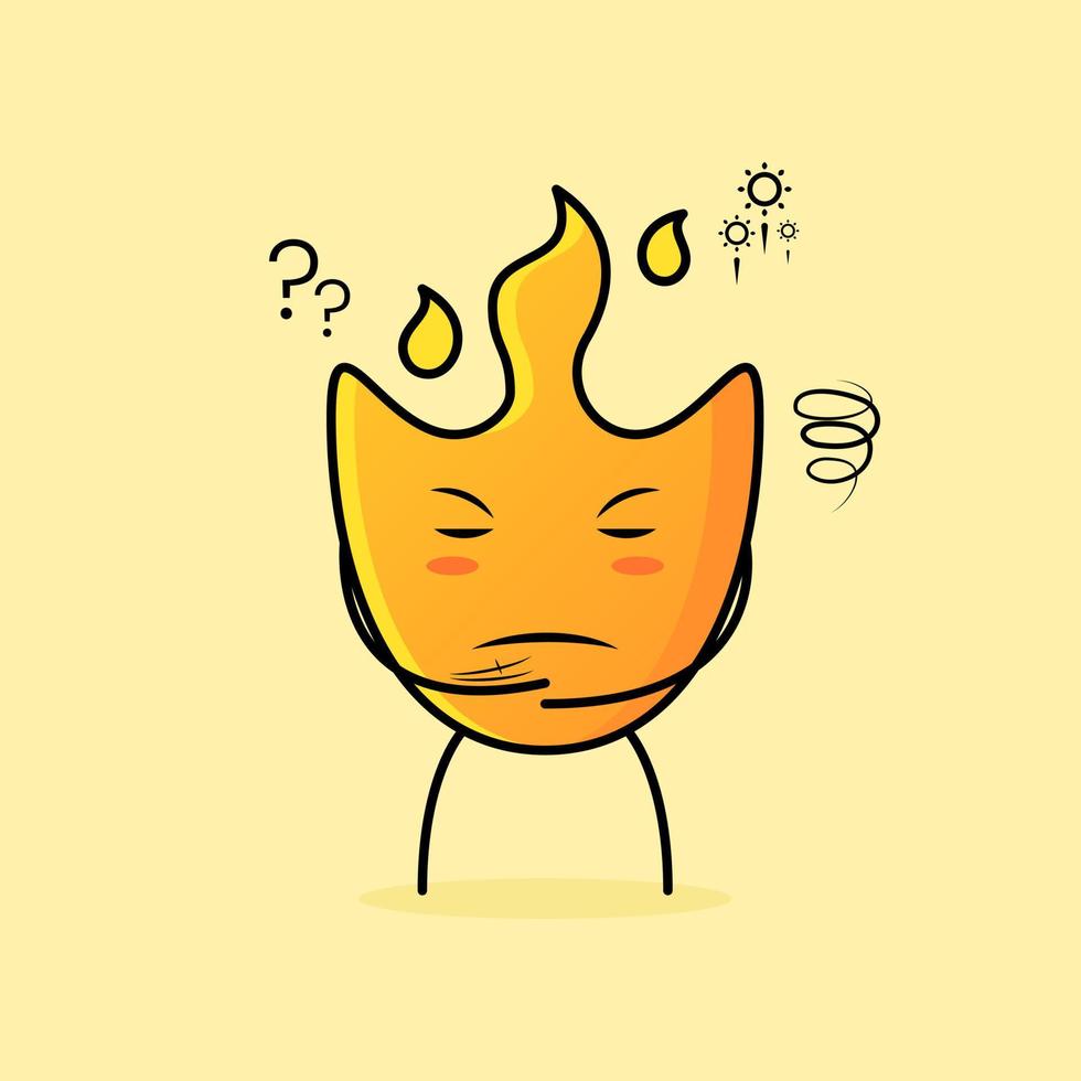 cute fire cartoon with thinking expression and eyes closed. suitable for logos, icons, symbols or mascots vector