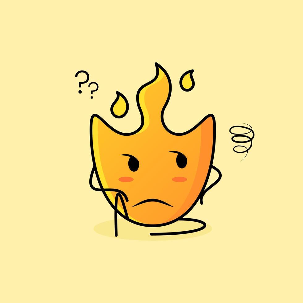 linda caricatura de fuego con expresión de pensamiento y siéntate. adecuado para logotipos, iconos, símbolos o mascotas vector