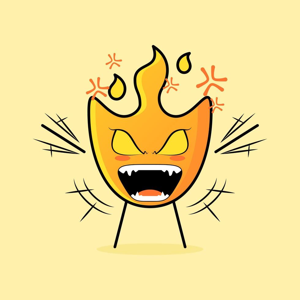 linda caricatura de fuego con expresión muy enojada. manos temblorosas, boca abierta y ojos saltones. adecuado para logotipos, iconos, símbolos o mascotas vector