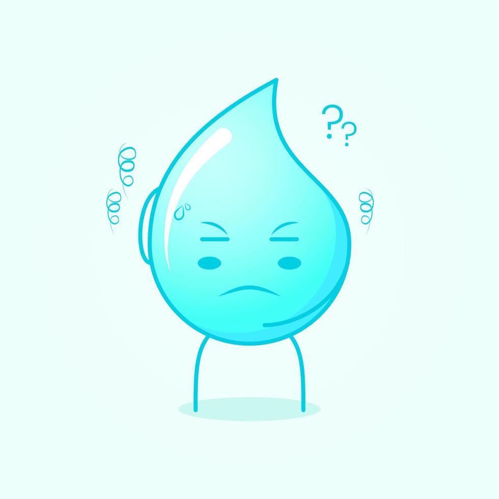 cute water cartoon with thinking expression, one hand on head and close eyes. blue and white. suitable for emoticon, logo, mascot and symbol vector