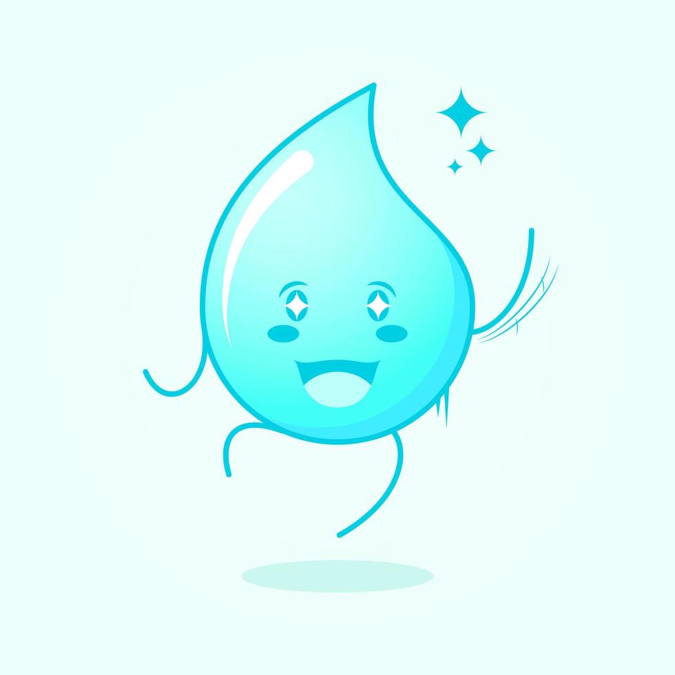 cute water cartoon with happy expression. jump, one hand up, mouth open and sparkling eyes. suitable for logos, icons, symbols or mascots. blue and white vector