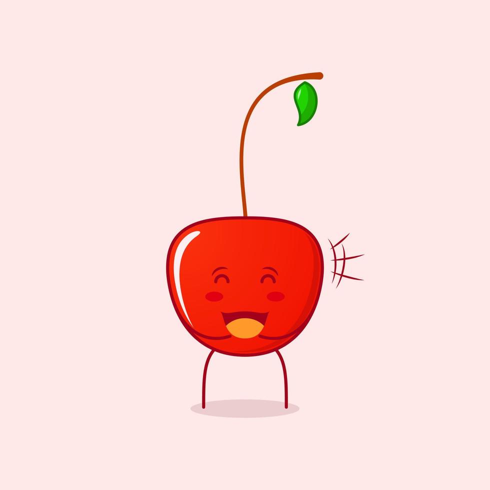 cute cherry cartoon character with happy expression. close eyes and mouth open. suitable for logos, icons, symbols or mascots. red and green vector