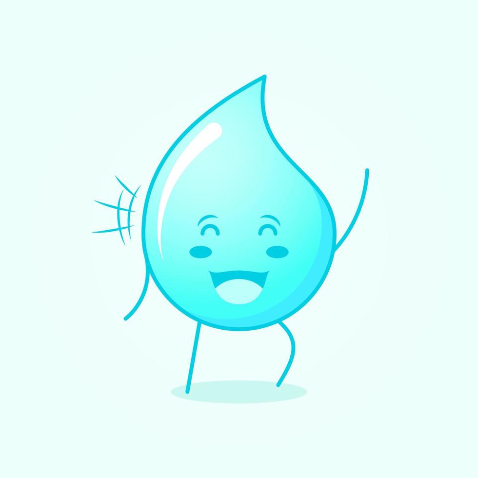 linda caricatura de agua con sonrisa y expresión feliz. cerrar los ojos y una mano arriba. adecuado para logotipos, iconos, símbolos o mascotas. azul y blanco vector