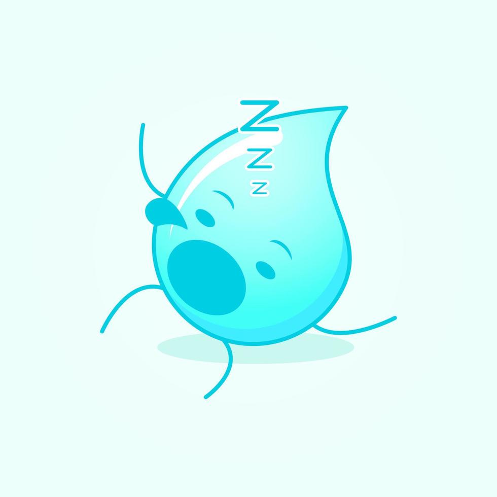 cute water cartoon with sleep expression, lie down, close eyes and mouth open. suitable for emoticon, logo, mascot and icon. blue and white vector