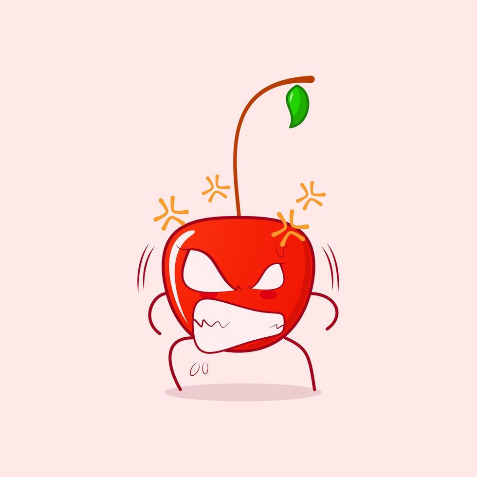 lindo personaje de dibujos animados de cereza con expresión enojada. ojos saltones y dientes sonrientes. rojo y verde. adecuado para logotipos, iconos, símbolos o mascotas vector