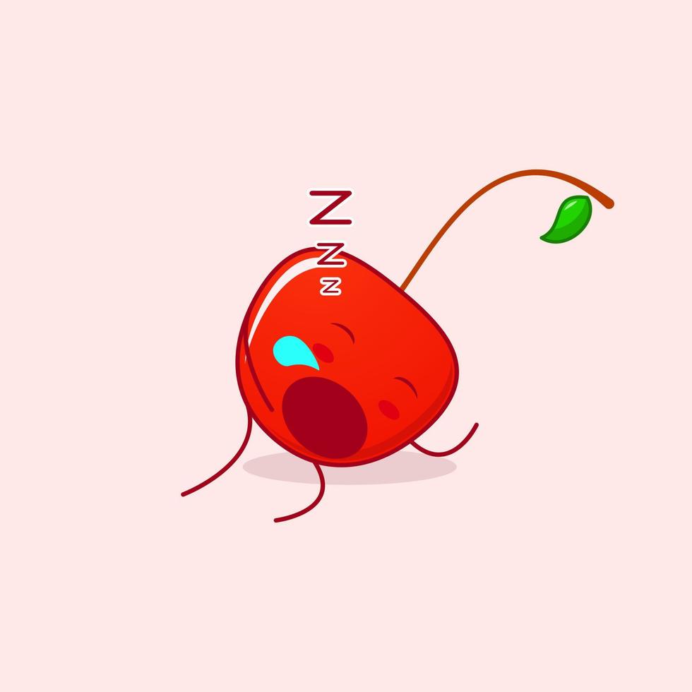 cute cherry cartoon character with sleep expression and mouth open. green and red. suitable for emoticon, logo, mascot and icon vector