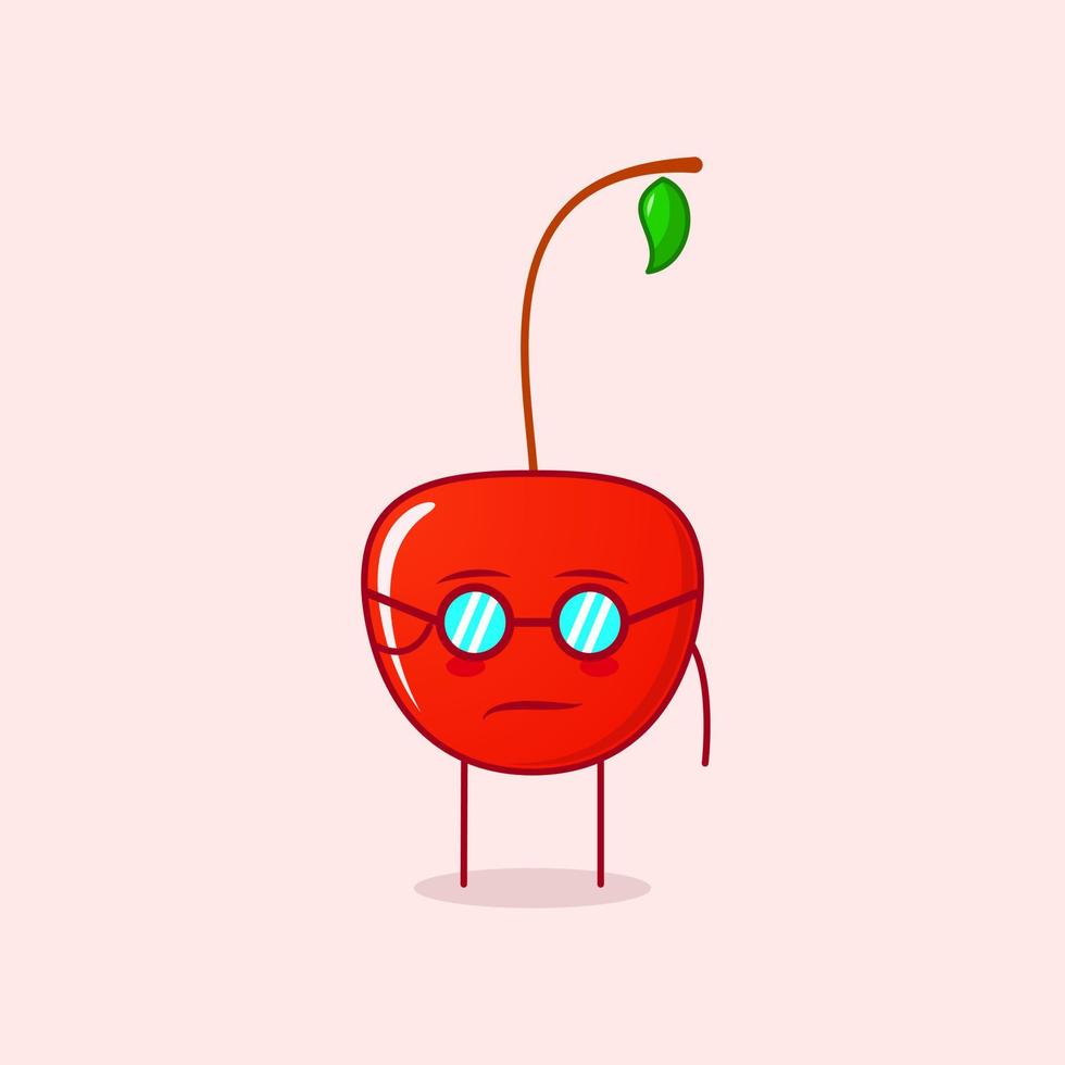 cute cherry cartoon character with cool expression and eyeglasses. green and red. suitable for emoticon, logo, mascot or sticker vector