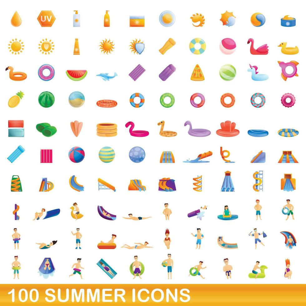 100 summer icons set, cartoon style vector