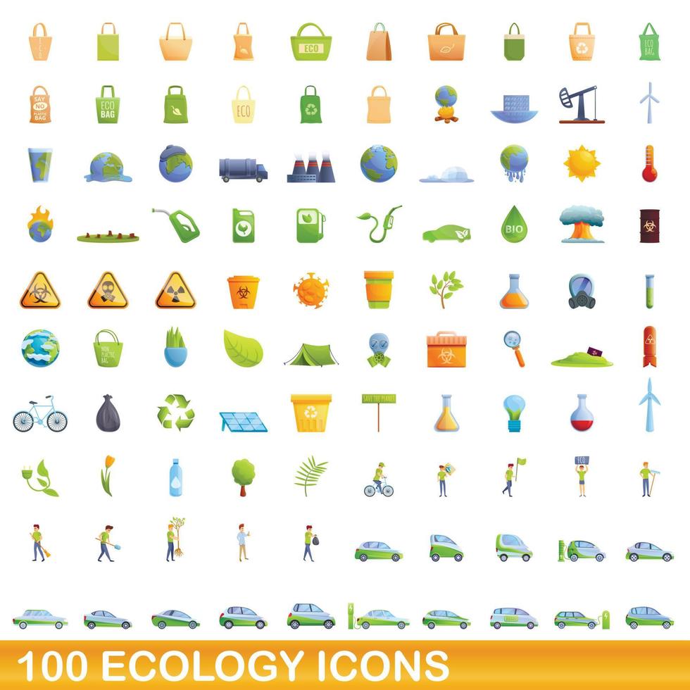 100 iconos de ecología, estilo de dibujos animados vector