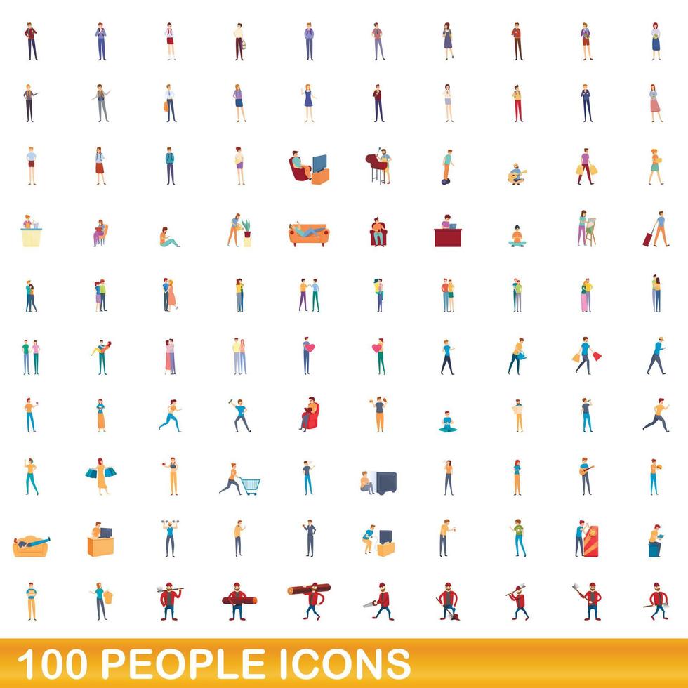 100 people icons set, cartoon style vector