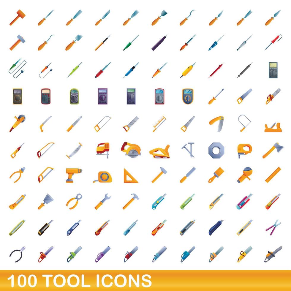 100 iconos de herramientas, estilo de dibujos animados vector