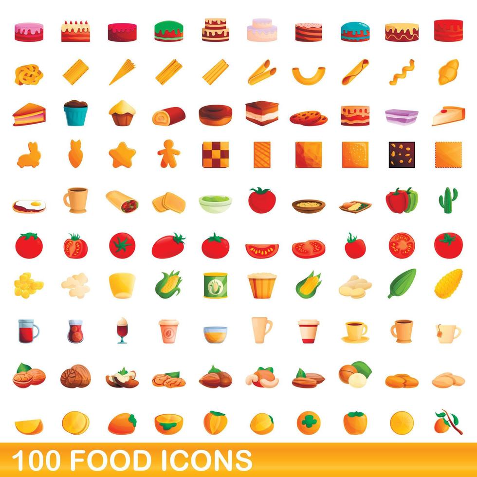 100 food icons set, cartoon style vector