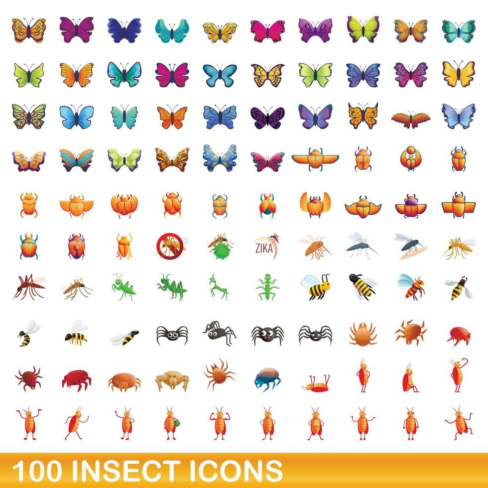 100 insectos, conjunto de iconos de estilo de dibujos animados vector
