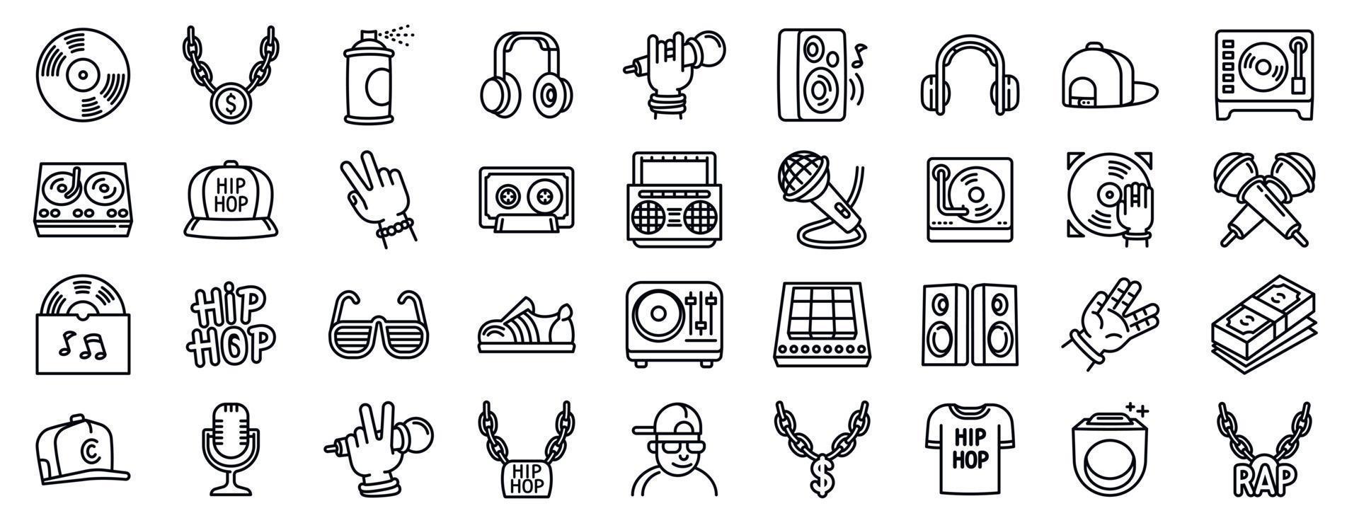 conjunto de iconos de hiphop, estilo de contorno vector