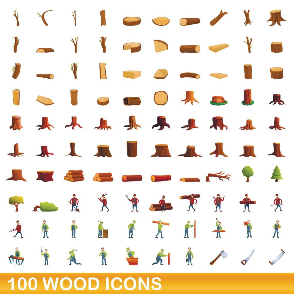 100 iconos de madera, estilo de dibujos animados vector