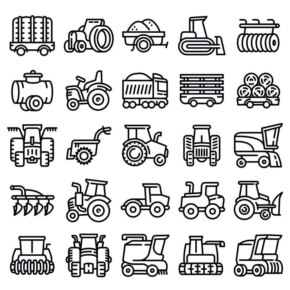 conjunto de iconos de equipos agrícolas, estilo de esquema vector