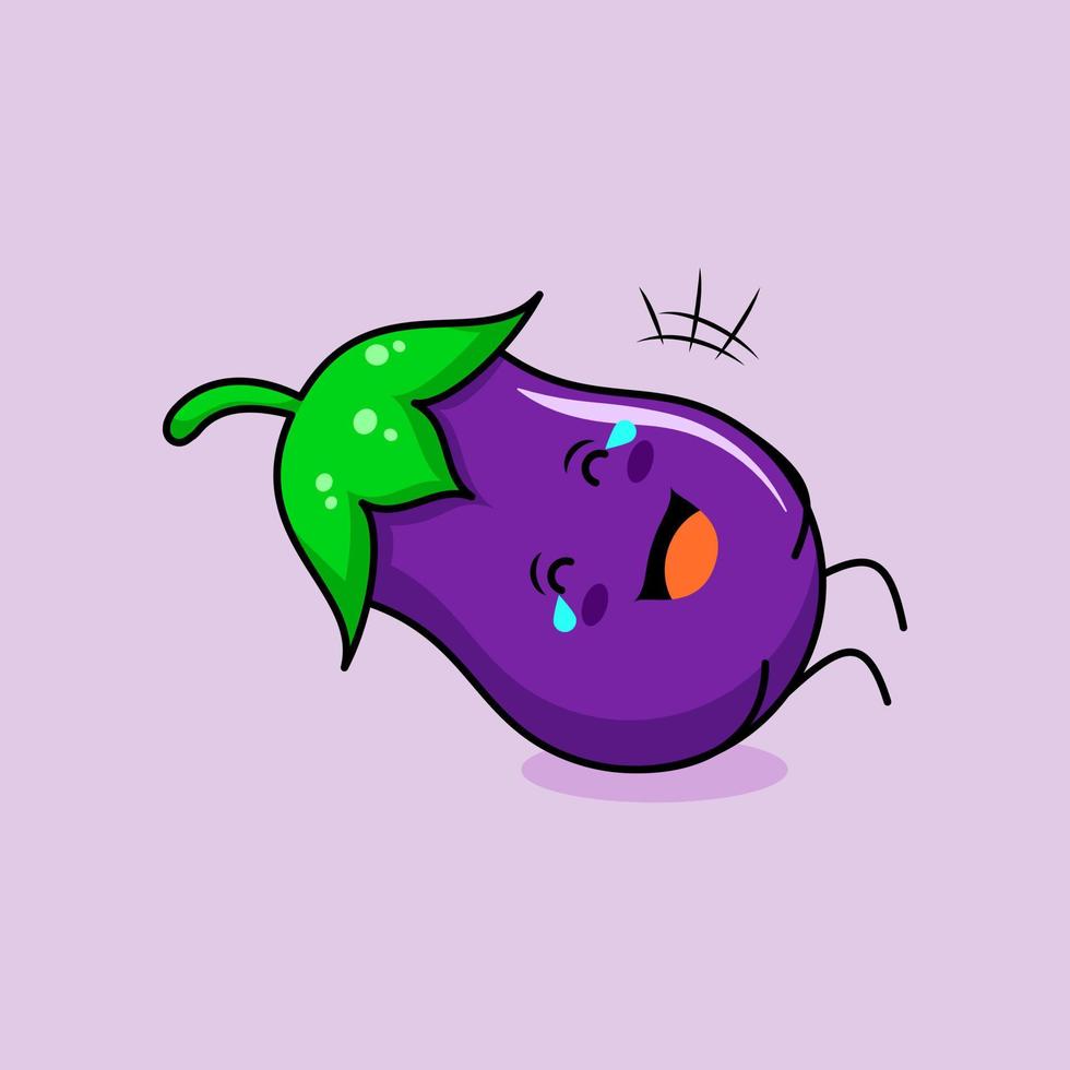 lindo personaje de berenjena con sonrisa y expresión feliz, acuéstate, cierra los ojos y llora. verde y morado. adecuado para emoticonos, logotipos, mascotas e iconos vector