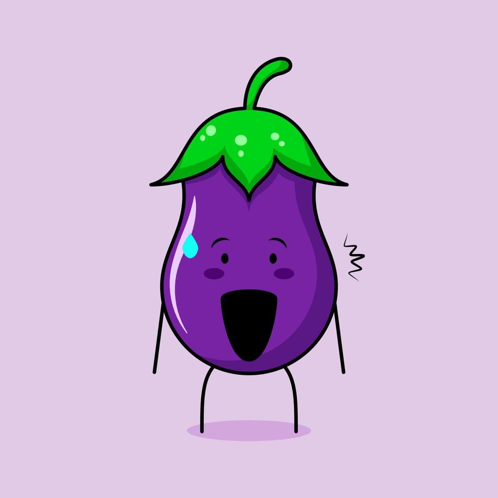 cute eggplant character with shocked expression and mouth open. green and purple. suitable for emoticon, logo, mascot or sticker vector