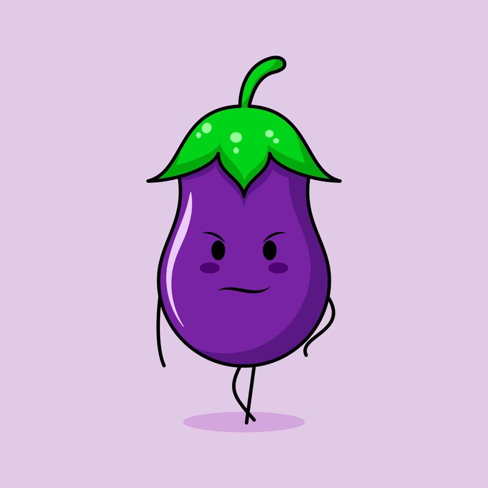 lindo personaje de berenjena con expresión genial. verde y morado. adecuado para emoticonos, logotipos, mascotas vector