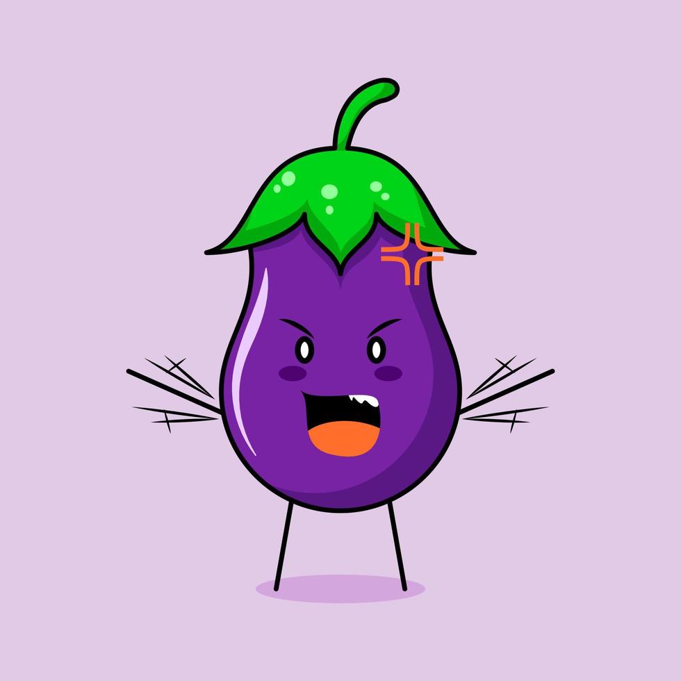 cute eggplant character with angry expression. green and purple. suitable for emoticon, logo, mascot. both hands raised and mouth open vector